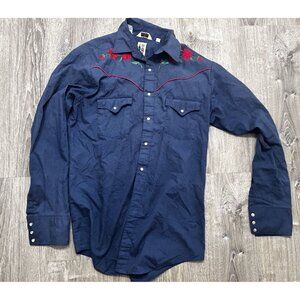 Barb Western Button Down Shirt Men's Size Large Tall Cowboy Red Rose Denim Blue